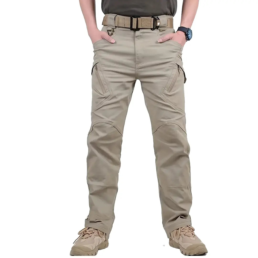Side profile showing adjustable waistband and cargo pockets