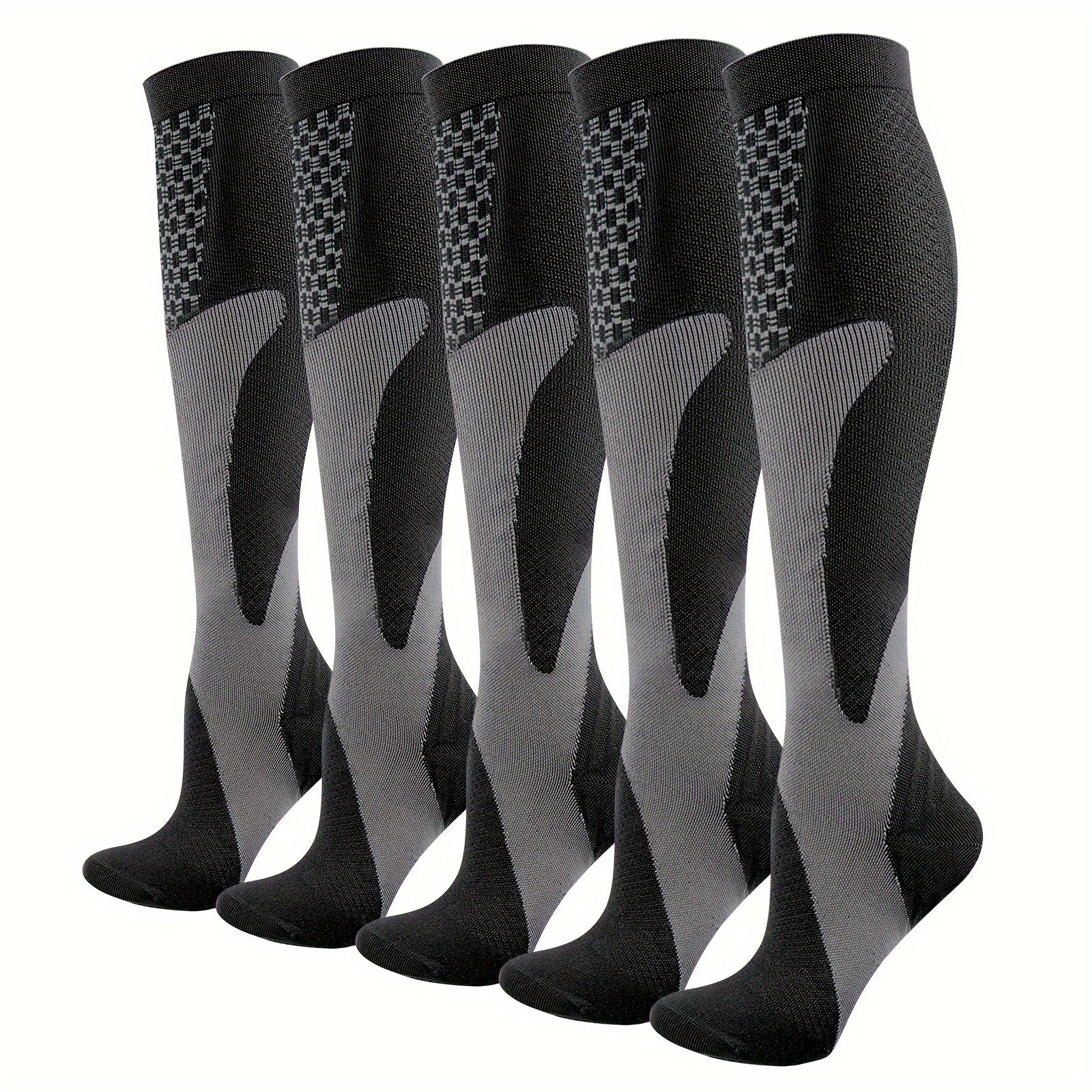 5 pairs of compression knee-high socks with geometric pattern – front view

