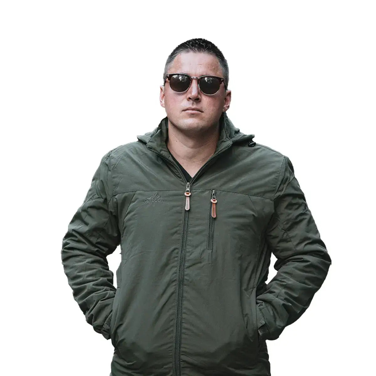 Close-up of dual zipper and pocket design

