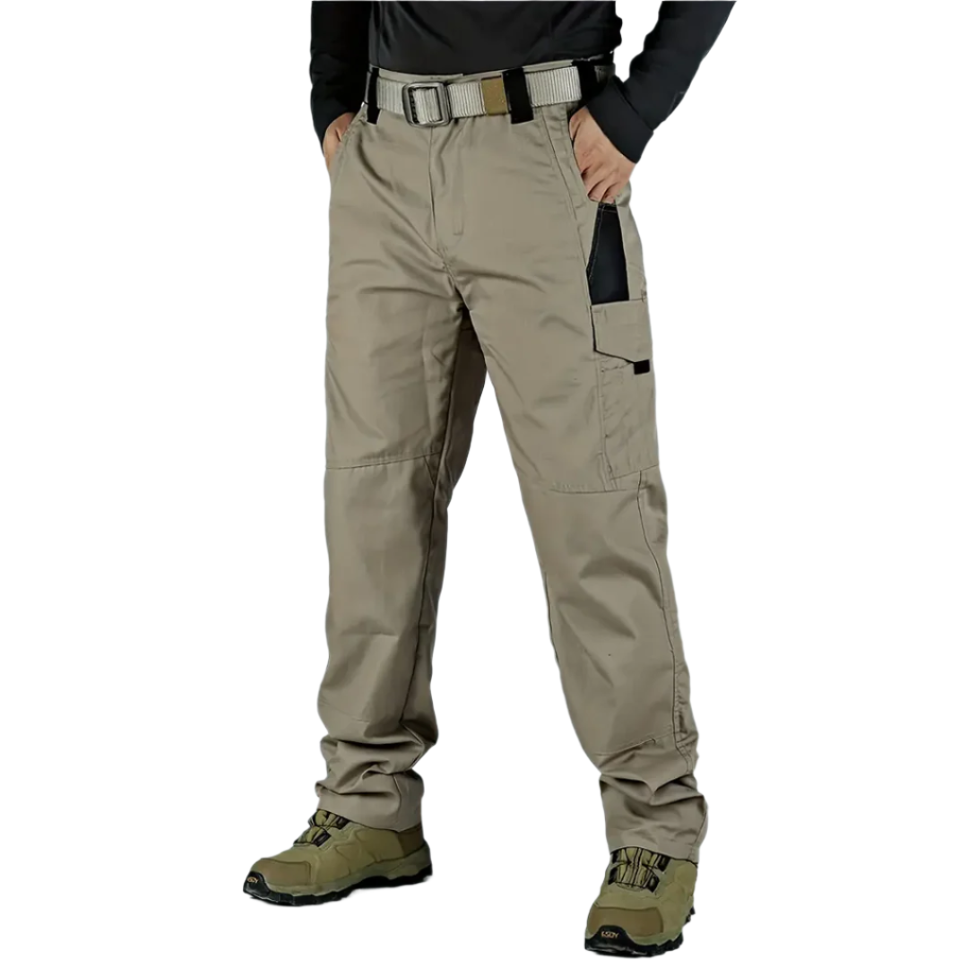 Front view of men's cargo pants with multiple utility pockets


