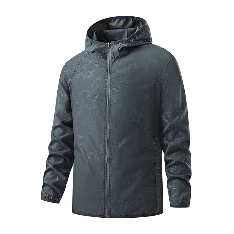 Front view of men’s waterproof hiking windbreaker with hood

