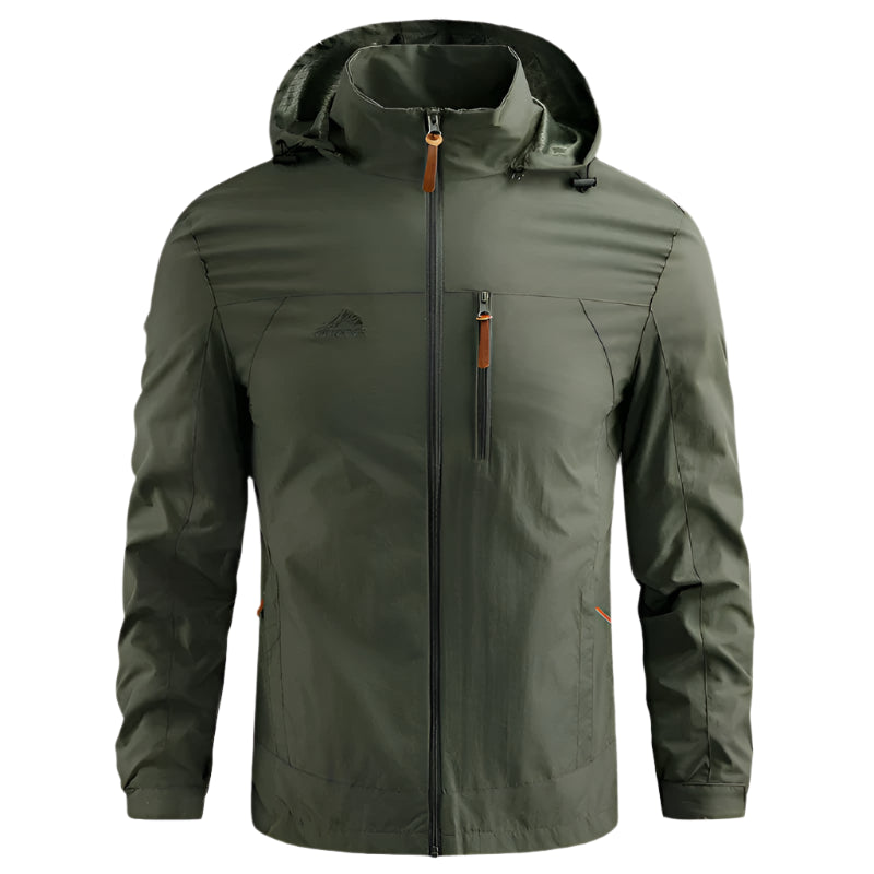 Men’s waterproof tactical jacket – front view with hood

