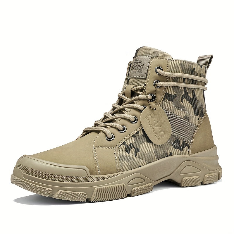Oxvyn camouflage high-top boots with lace closure – front and side view


